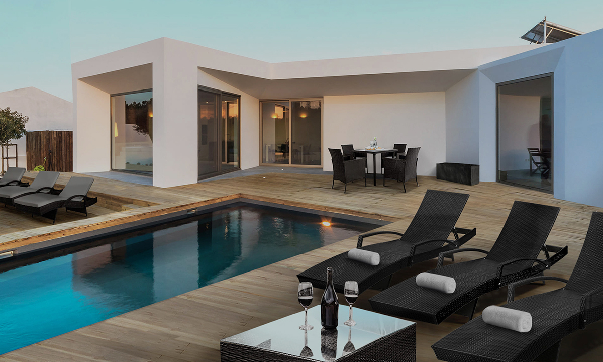 Gardeon_Banner_Brands A pool deck featuring three Gardeon outdoor furniture sets.